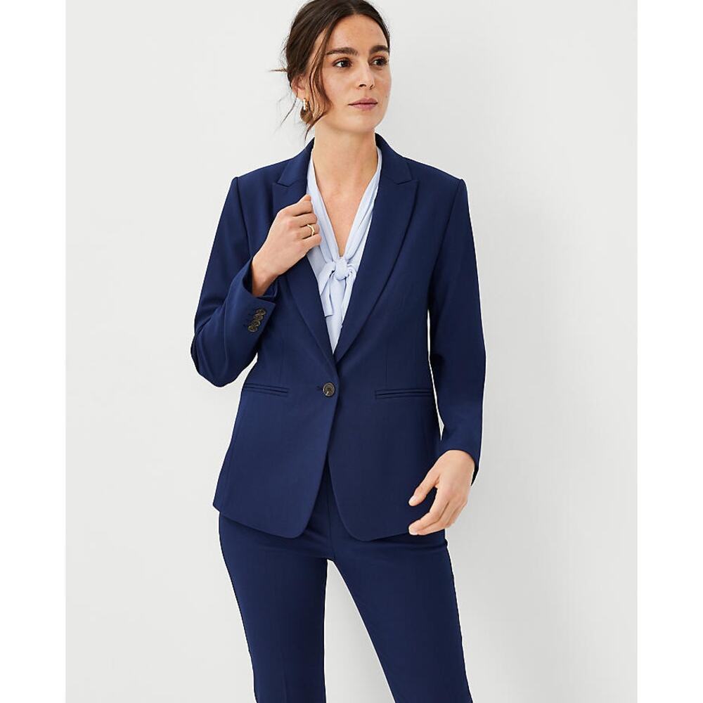 NWT Ann Taylor The Long Single Button Blazer in Bi-Stretch Navy 14P School Boy